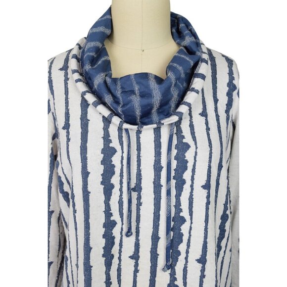 ALI MILES ABSTRACT VERTICAL STRIPE CREAM BLUE COWL NECK SWEATER - Picture 2 of 8